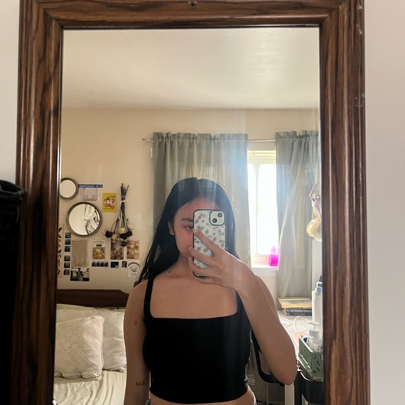 Black Square Necked Ribbed Women's CropTop - Picture 3 of 3